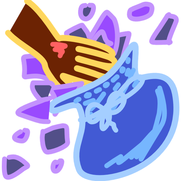 A bulging blue sack is overflowing with purple scraps. A brown hand with yellow line art hand attempts to push the scraps back in. The image has light line art